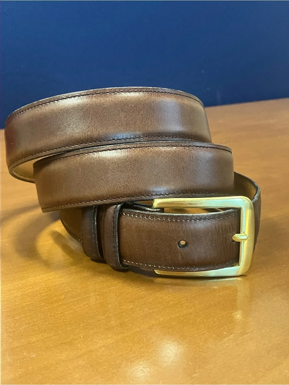 Allen Edmonds 38 burnished calf Cognac Leather Belt Brass Buckle handmade in USA